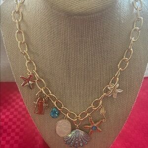Betsey Johnson Gold-Tone Beach Charm Necklace with blue and Coral Accents